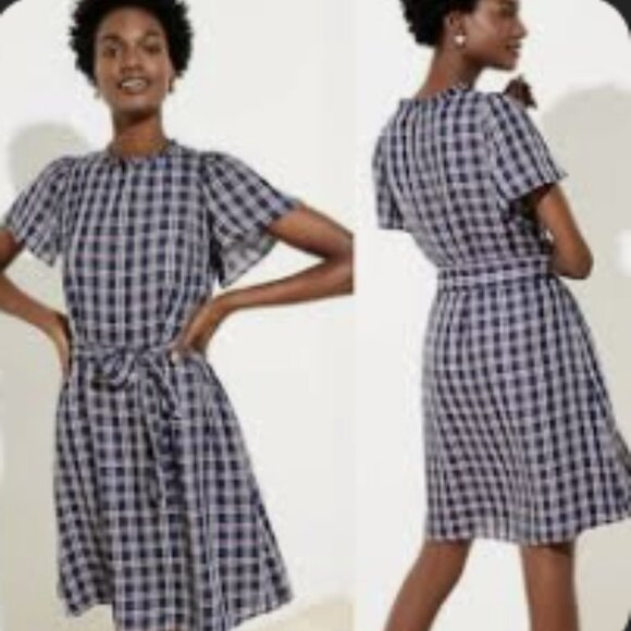 LOFT Plaid Ruffle Tie-Waist Dress Navy Red Plaid with Pockets Americana - Picture 12 of 12